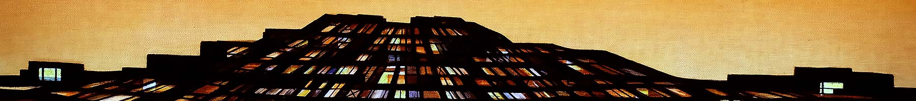 painting of a tall building with lit up windows in the dusk
