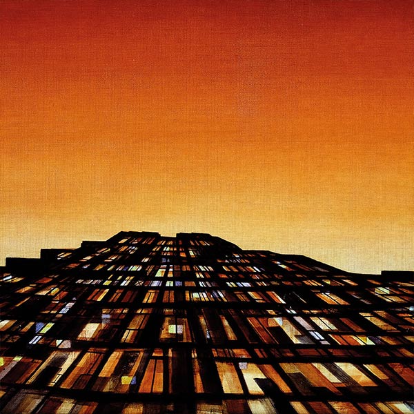 painting of a tall building with lit up windows in the dusk