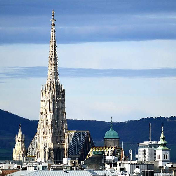skyline of Vienna showing the Stephansdom cathedral spire