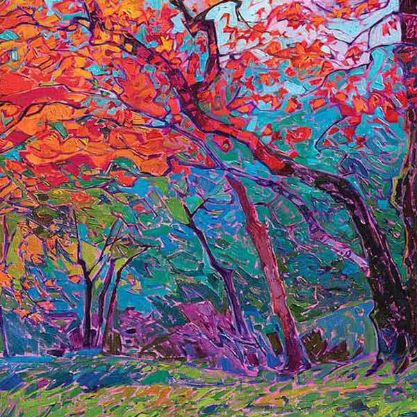 an abstract painting of a forest