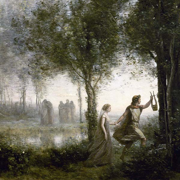 painting of Orpheus holding a harp and leading Eurydice by the hand