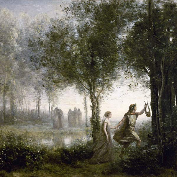 painting of Orpheus holding a harp and leading Eurydice by the hand