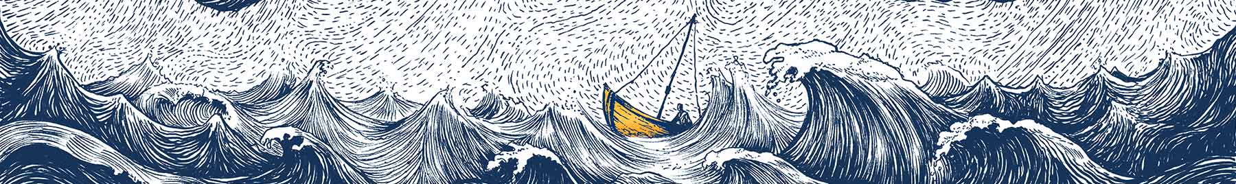 ink drawing of a small yellow boat on a stormy sea