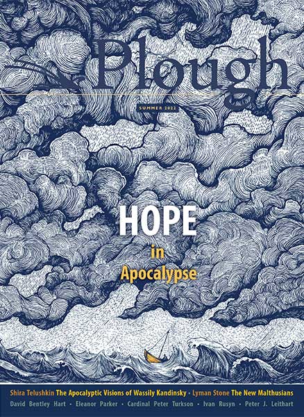 front cover of Plough Quarterly No. 32: Hope in Apocalypse, showing an ink drawing of a small yellow boat on a stormy sea