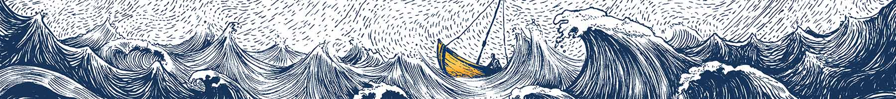 ink drawing of a small yellow boat on a stormy sea