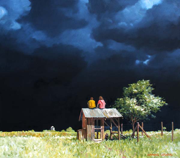 painting of two people sitting on a shed roof looking at dark storm clouds