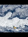 ink drawing of a small yellow boat on a stormy sea