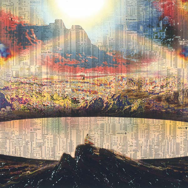 colorful mountains sloping to a round pool with a woman on a peak in the foreground