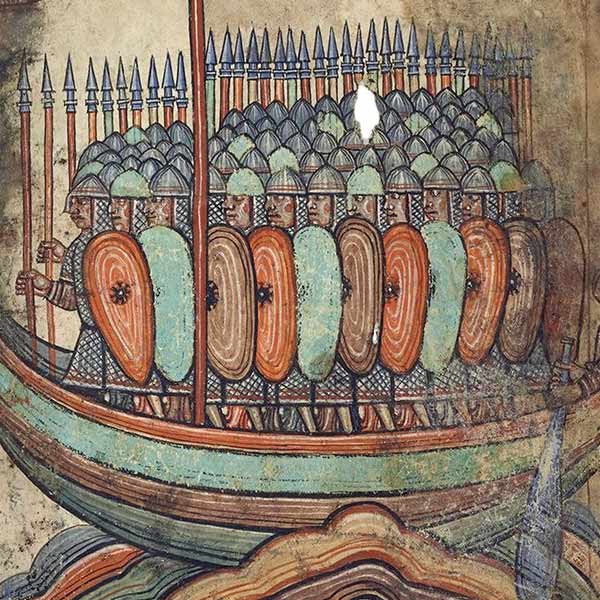 illustration of a Viking attack, from a Saint-Aubin manuscript, ca. 1100