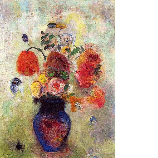 bright painting of flowers in a blue vase