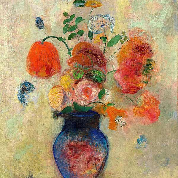 bright painting of flowers in a blue vase