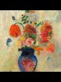 bright painting of flowers in a blue vase