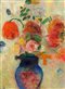 bright painting of flowers in a blue vase
