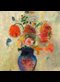 bright painting of flowers in a blue vase