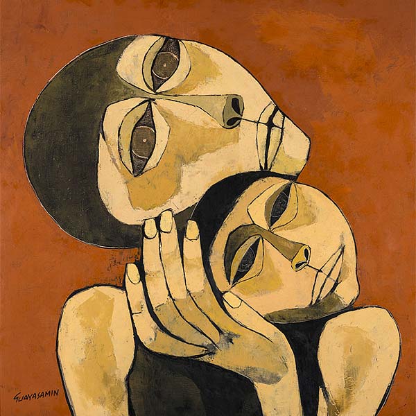 cubist artwork of a mother embracing her child