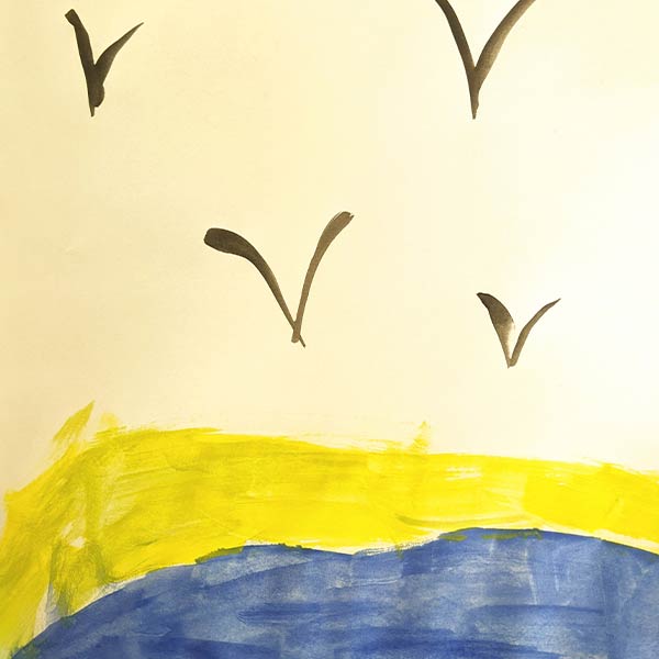 artwork of birds over the colors of the Ukrainian flag, made by a refugee child