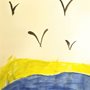artwork of birds over the colors of the Ukrainian flag, made by a refugee child