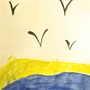 artwork of birds over the colors of the Ukrainian flag, made by a refugee child