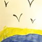 artwork of birds over the colors of the Ukrainian flag, made by a refugee child