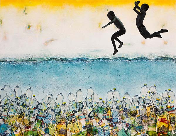 artwork of two children jumping in water with bottles in it
