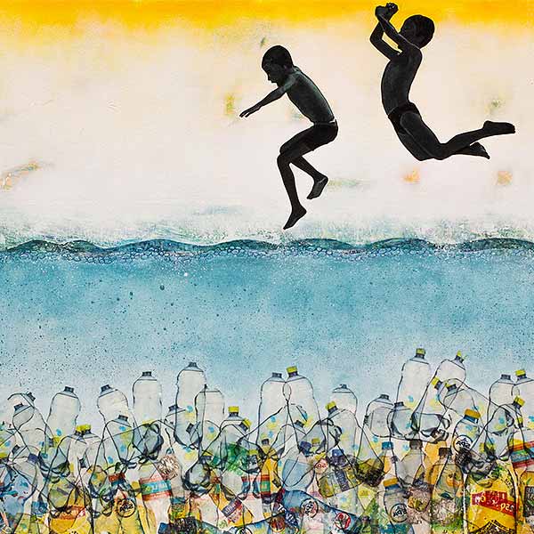artwork of two children jumping in water with bottles in it