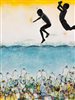 artwork of two children jumping in water with bottles in it