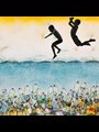 artwork of two children jumping in water with bottles in it