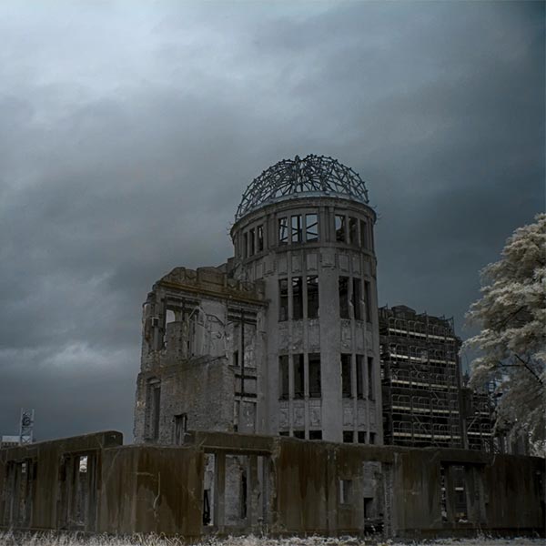 photograph of trees blooming outside the damaged church in Hiroshima where the nuclear bomb detonated in 1945