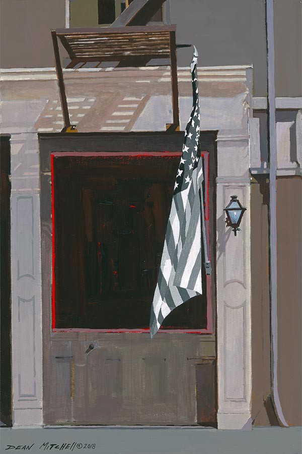 painting of an American flag hanging outside a door