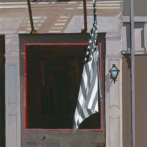 painting of an American flag hanging outside a door