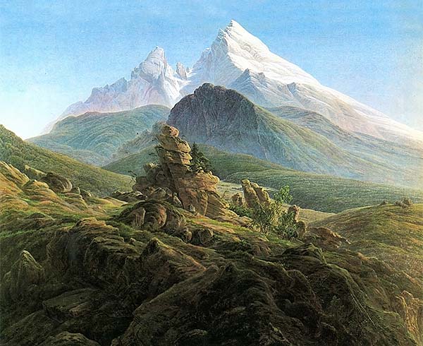 painting of a rugged landscape with snow covered peaks in the distance