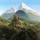 painting of a rugged landscape with snow covered peaks in the distance