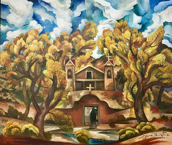 artwork of a church building surrounded by trees