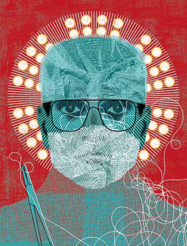 red and blue portrait of a surgeon wearing a cap, glasses and mask