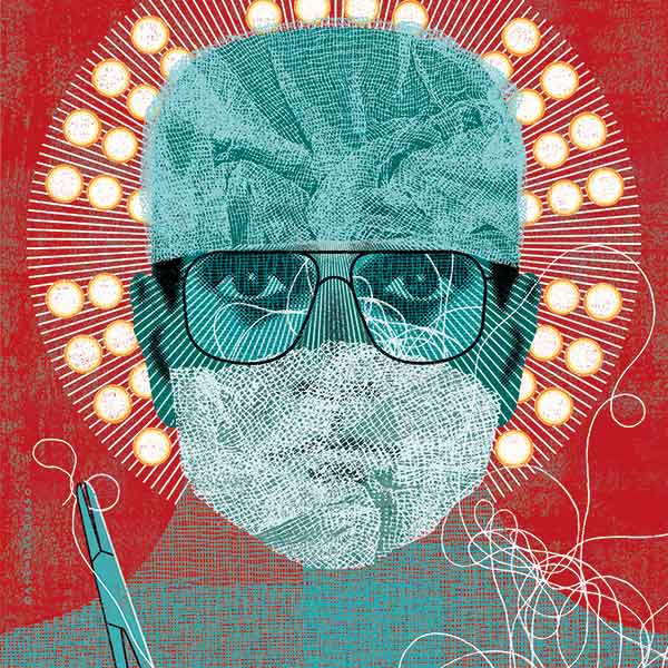 red and blue portrait of a surgeon wearing a cap, glasses and mask