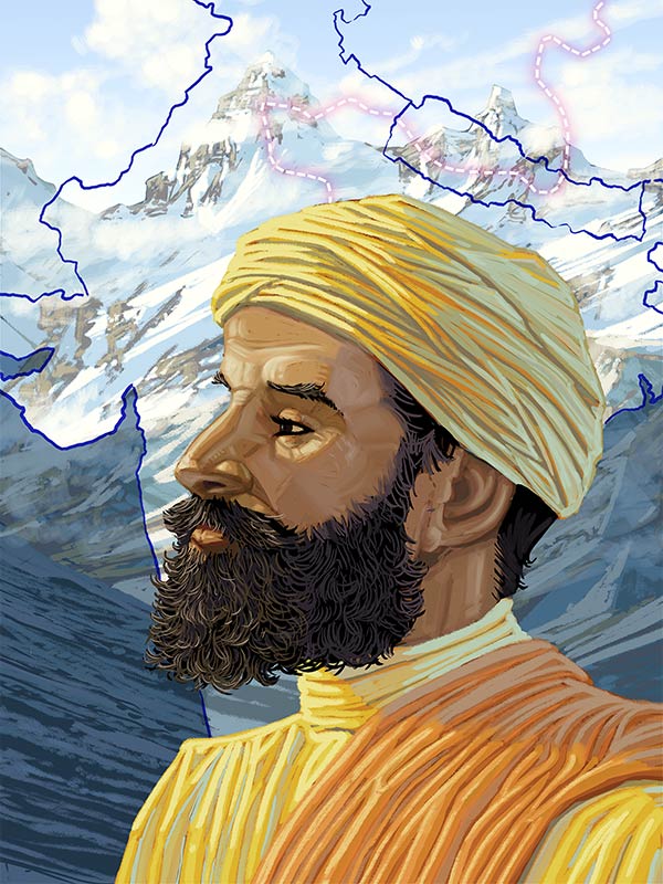 artwork of a man in a yellow turban against a background image of the Himalayan Mountains