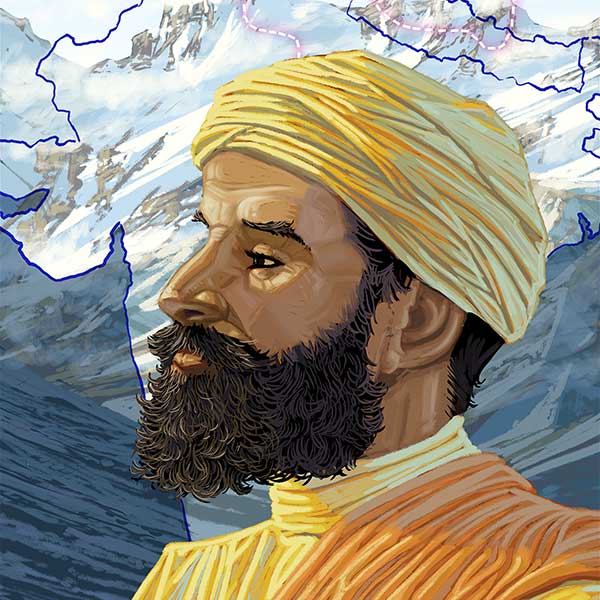 artwork of a man in a yellow turban against a background image of the Himalayan Mountains