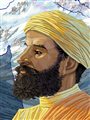 artwork of a man in a yellow turban against a background image of the Himalayan Mountains