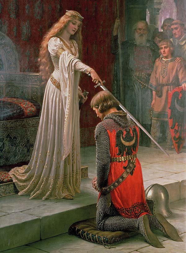 a queen knighting a squire with a sword