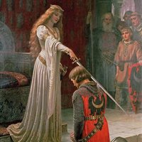 a queen knighting a squire with a sword