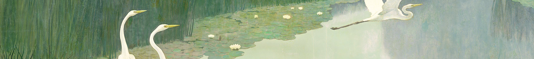 a painting of herons at the edge of a lily pad covered water