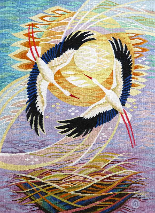 tapestry art of two cranes flying above a nest