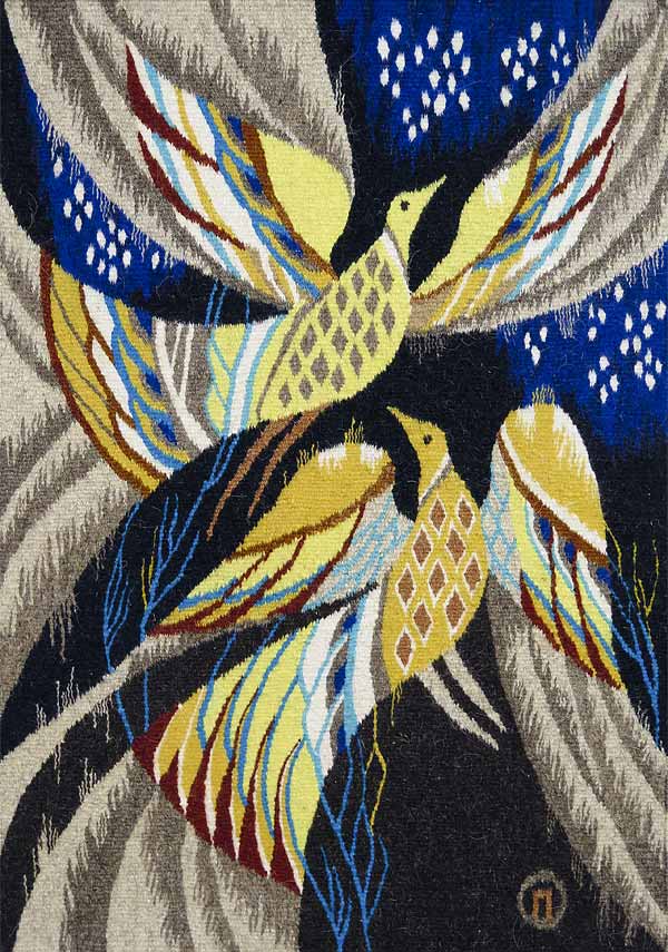 tapestry art of two birds in blue and gold