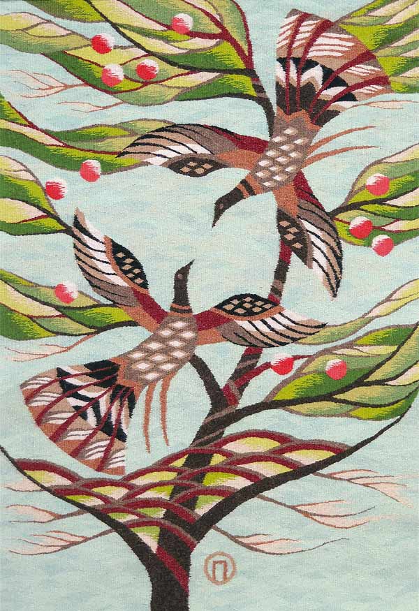 tapestry art of two birds in an apple tree