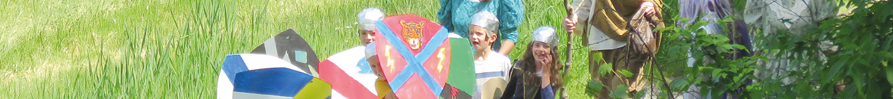 kids dressed as knights and ladies walking along a path