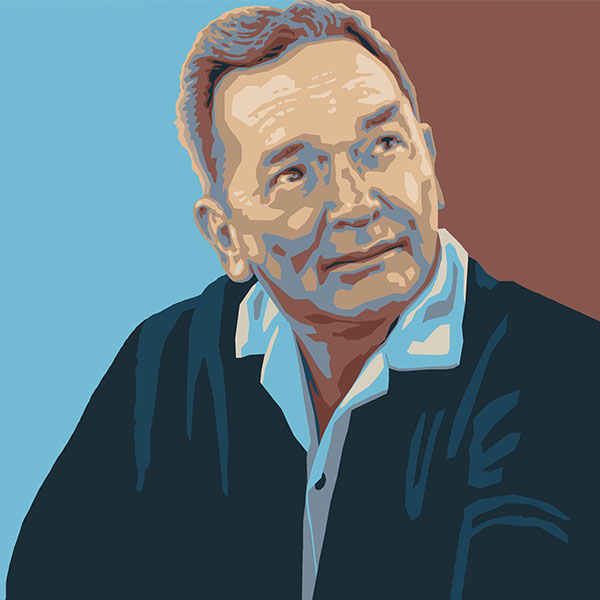 stylized artwork of Clarence Jordan in blue and brown