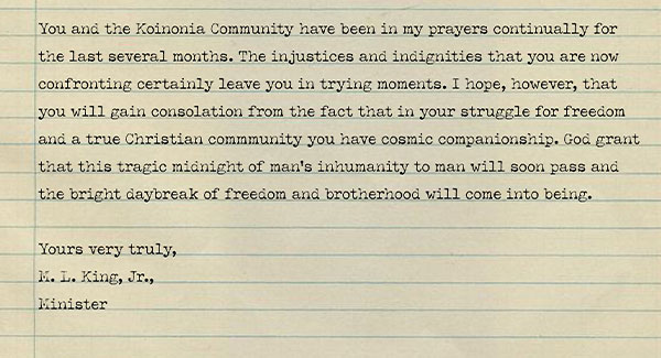 letter from Martin Luther King, Jr. to Clarence Jordan praising the work of Koinonia Farms