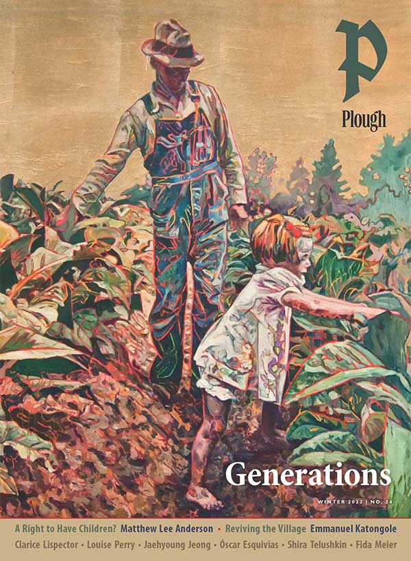front cover of Plough Quarterly No. 34: Generations: a painting of a man and a girl looking at plants in a field