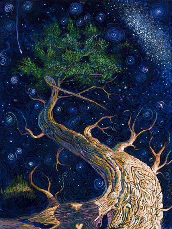 painting of a tree against a starry sky