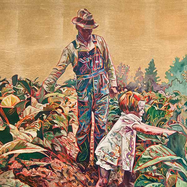 painting of a man and a girl looking at plants in a field